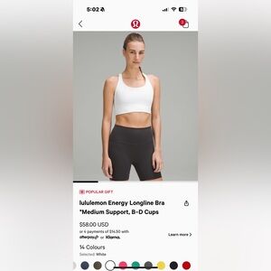 Lululemon Energy Bra Longline Size 8 in White